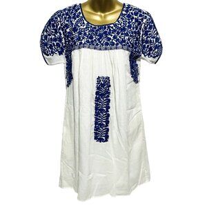 J Marie Floral Embroidered Shift Beach Blue White Lined Dress Womens M Medium